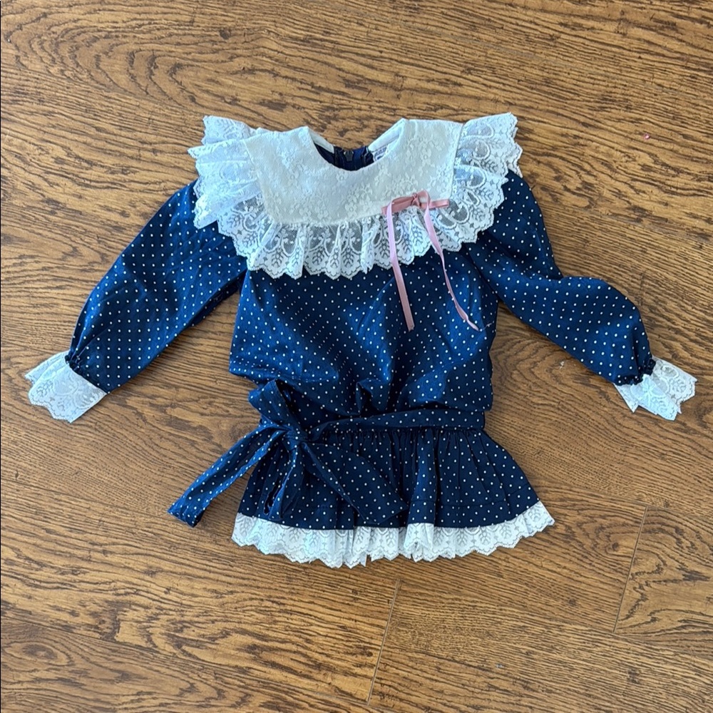 Vintage Navy Polka Dot Top with Lace Details